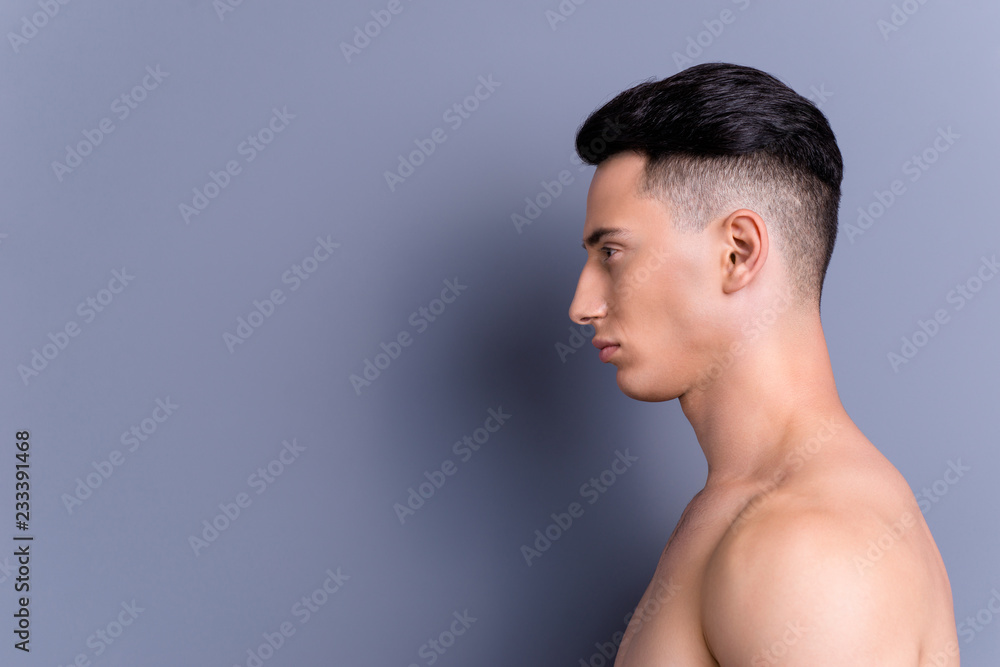 Portrait of half face good-looking calm nice cool man stand isol Portrait of half face good-looking calm nice cool man stand isol