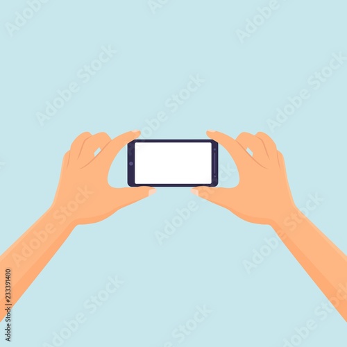 Hands Hold smartphone taking photo and playing games blank template Vector illustration