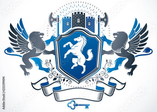 Fototapeta Naklejka Na Ścianę i Meble -  Vintage heraldry design template, vector emblem created using gryphon mythic creature and medieval tower.