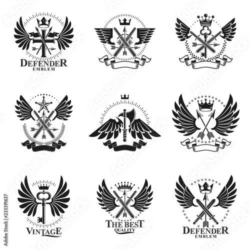 Vintage Weapon Emblems set. Heraldic coat of arms decorative emblems collection.