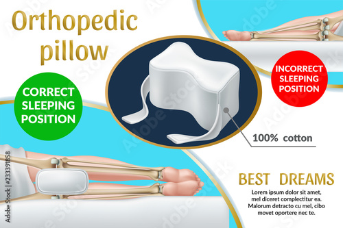 Advertising poster with orthopedic pillows for knees. Correct and incorrect position for sleep. 3d realistic vector illustration. 