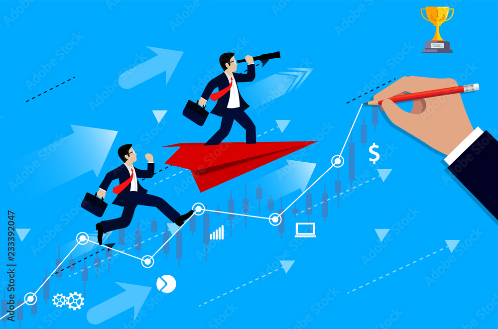 Businessmen competition on chart graph line to goal to achieve success  drawing on blue background. go to target growth. leadership. Modern idea.  creative. business concept. cartoon vector Illustration Stock Vector | Adobe