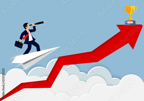 Businessman standing on a paper plane. go to looking with the binocular target. modern idea follow the arrow go path to goal. business finance concept. creative. leadership. cartoon vector