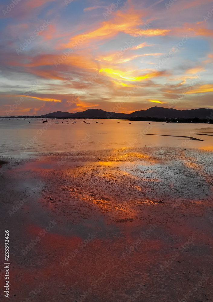Beautiful sunset clouds sea beach aerial view Beautiful sunset clouds sea beach aerial view