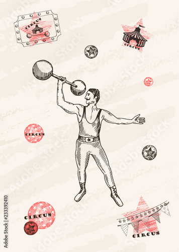 Vector card design. Strongman with mustache . Retro circus performance. Pen style drawing.
