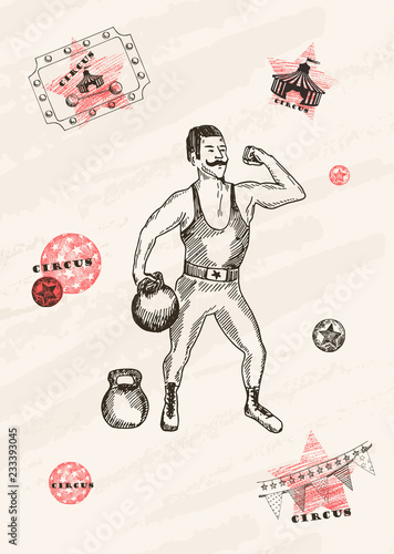 Vector card design. Strongman with mustache . Retro circus performance. Pen style drawing.