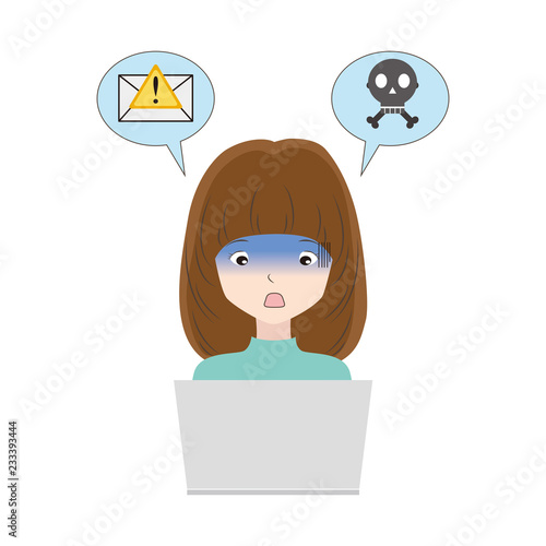 ノートpcの画面を見て顔が青くなる女性