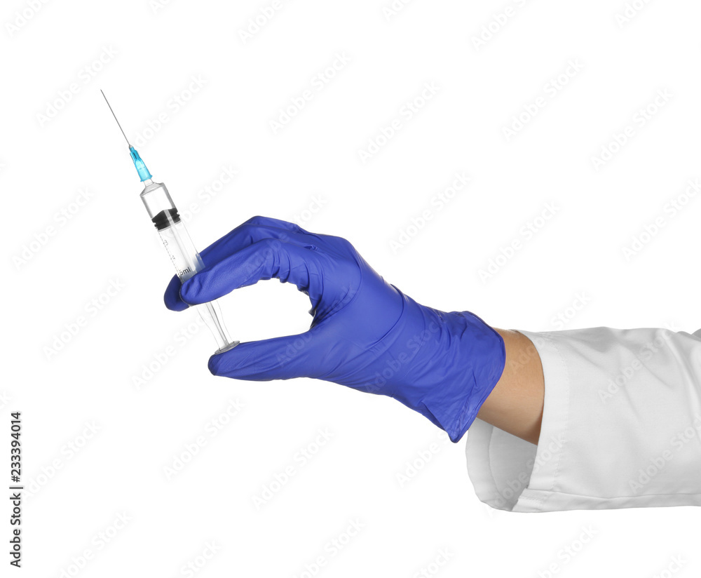 Doctor in medical glove with syringe on white background Doctor in medical glove with syringe on white background