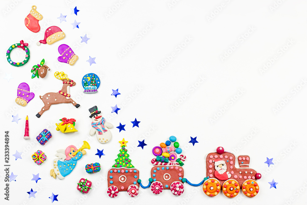 Naklejka premium Merry Christmas greeting card with decorations. Santa, Christmas train with tree and sweets, snowman, reindeer and gifts
