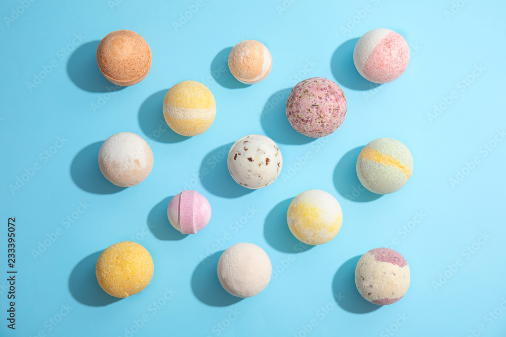 Flat lay composition with bath bombs on color background Flat lay composition with bath bombs on color background