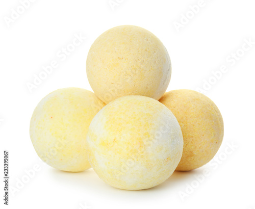 Bath bombs on white background. Spa products