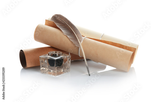 Принти на полотні Feather pen with inkwell and paper scroll on white background