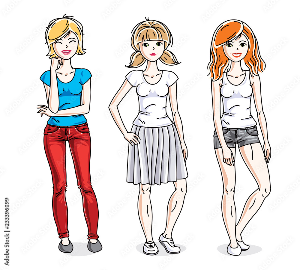 Happy young adult girls female standing wearing casual clothes. Vector characters set. Happy young adult girls female standing wearing casual clothes. Vector characters set.