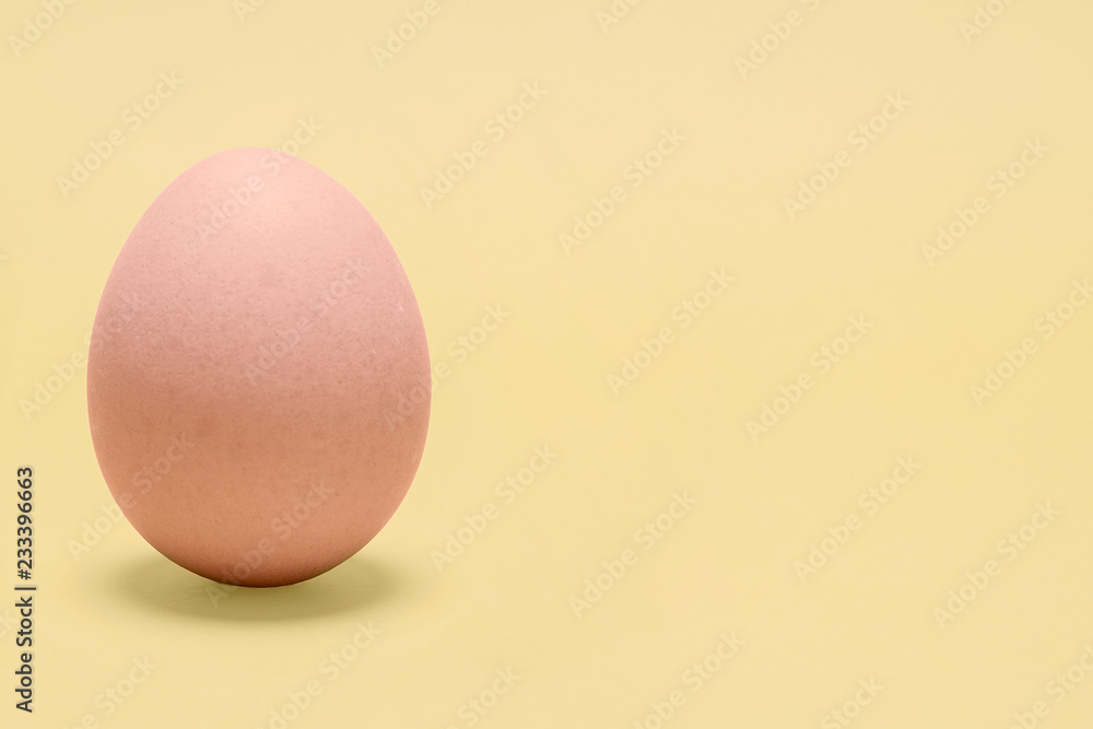 Single organic brown egg in a left side composition on a yellow background standing up with copy space and room for text.