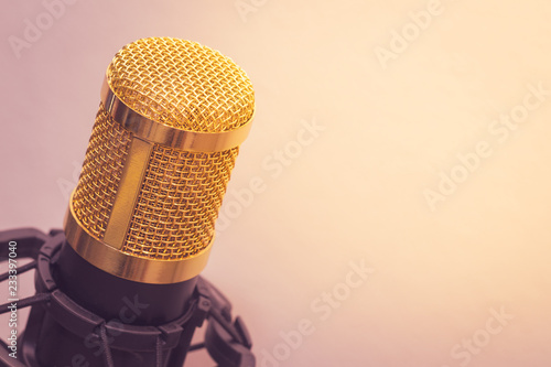 Close-up the condenser gold microphone. The light from right side. Artistic style.