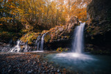 Waterfall with autumn foliage in Fujinomiya, Japan.