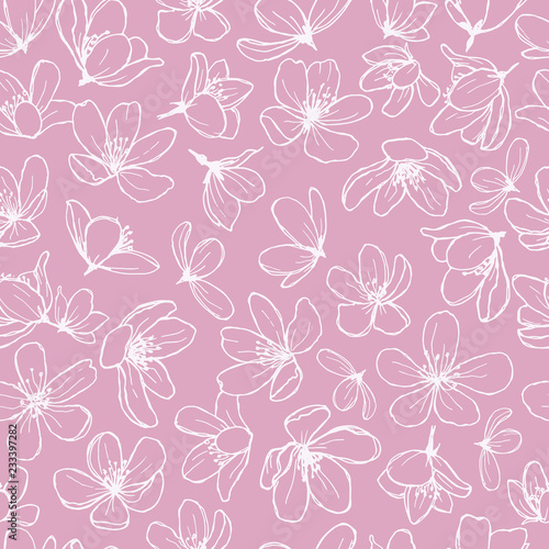 White blossom line flowers on pink background. Gentle spring floral seamless pattern.