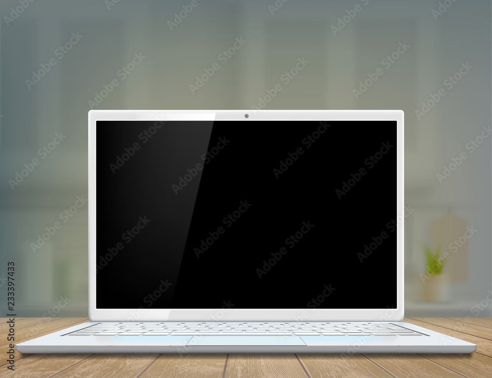 Laptop with a black screen on the desk of the workplace Laptop with a black screen on the desk of the workplace