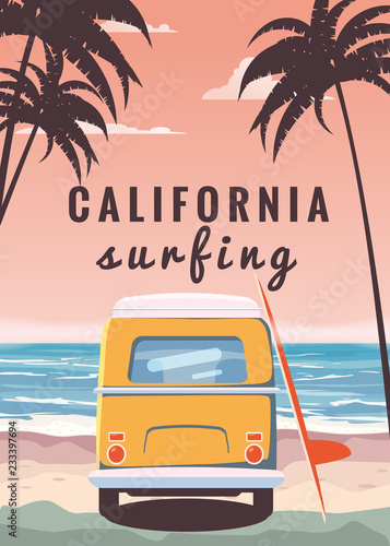 Surfer orange bus, van, camper with surfboard on the tropical beach. Poster California palm trees and blue ocean behind. Retro illustration of modern design, isolated, vector