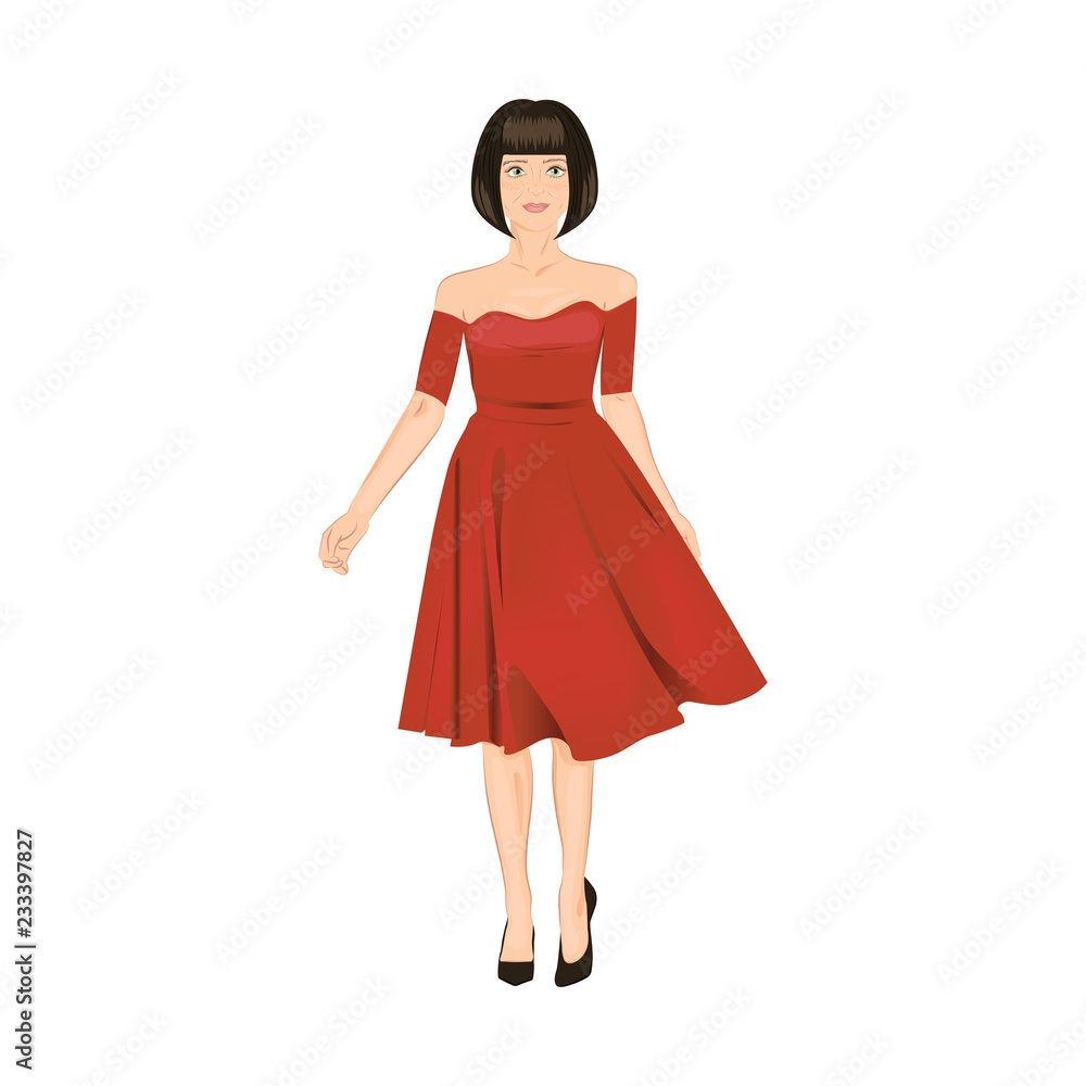 Young brunette woman wearing red dress isolated on white background. Pretty woman in shoulderless dress and ballet flats.