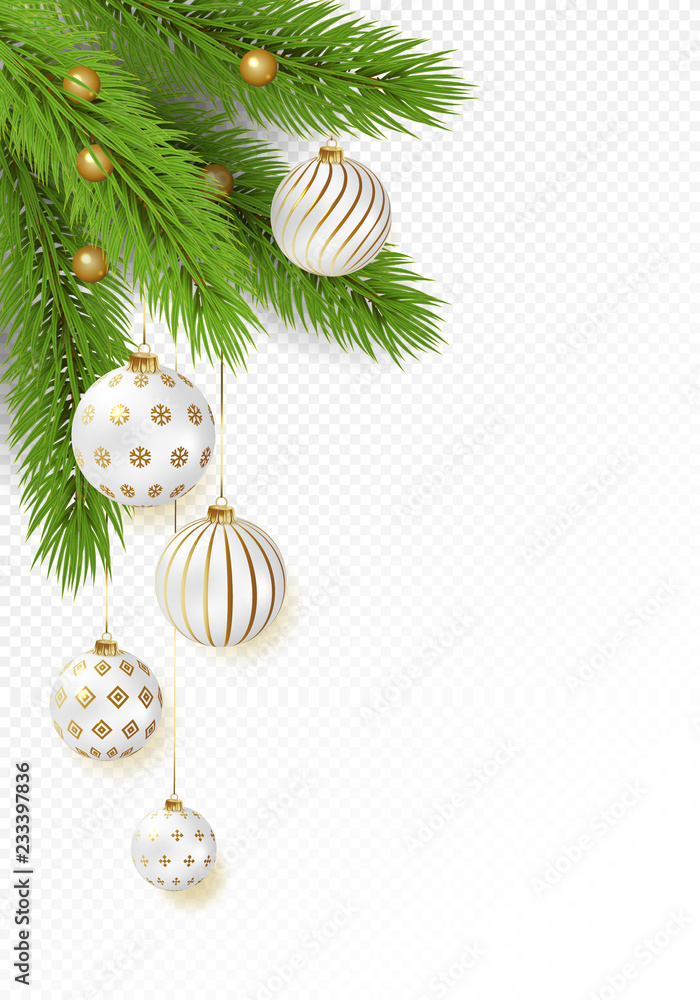 Christmas tree branches with hanging gold and white balls on transparent  background. Great for flyers, posters, headers. Vector illustration.  Template for your design. Stock Vector | Adobe Stock