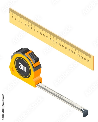 Measuring tape and ruler in isometric style on a white background. Measurement tools for construction and repair. Vector illustration of items