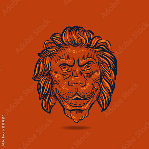 Lion hand drawn head floating on orange background. Lion mane vector illustration.