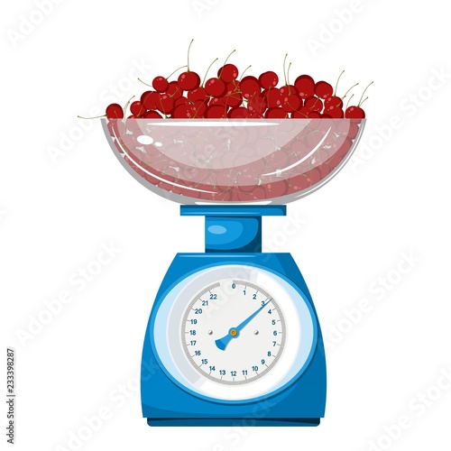 Domestic  scales with cherries on a white background. Kitchen measuring device. Vector illustration