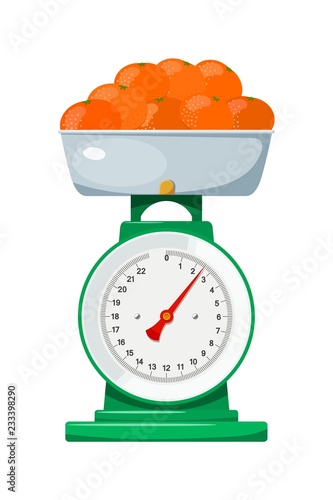 Domestic scales with mandarin on a white background. Kitchen measuring device. Vector illustration