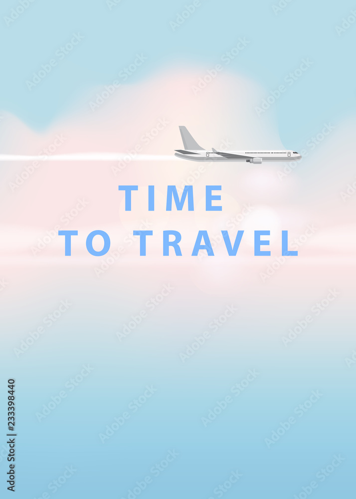 Flying plane and cloud on blue sky background. Concept design template of time to travel. Vector illustration in cartoon style, banner, poster, isolated, illustration Flying plane and cloud on blue sky background. Concept design template of time to travel. Vector illustration in cartoon style, banner, poster, isolated, illustration