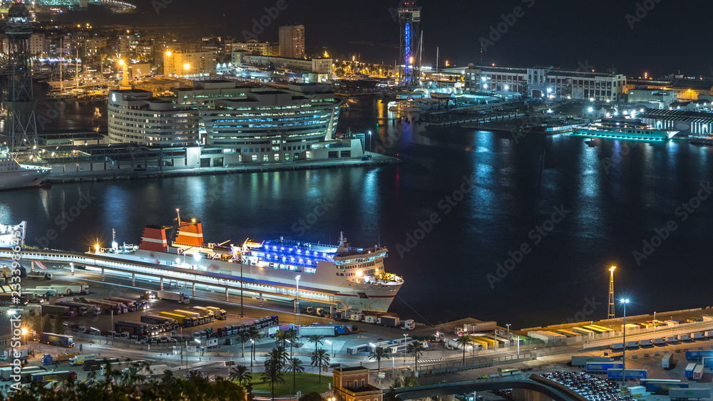 Fototapeta premium Night skyline from Montjuic with Port Vell timelapse, Barcelona, Catalonia, Spain
