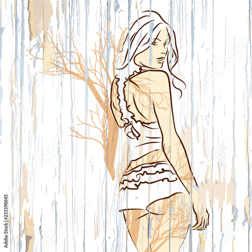 Female look over shoulder on wooden background