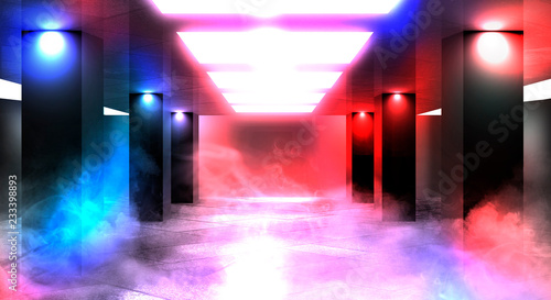 Background of an empty room with walls and concrete floor. Empty room, smoke, smog, neon lights, lanterns.