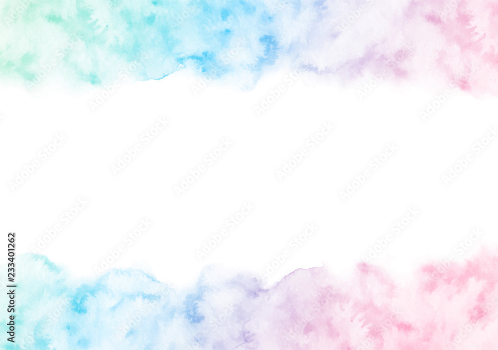 Hand painted colorful watercolor texture frame isolated on the white background. Vector border template for cards and wedding invitations of green, blue and pink gradient colors.
