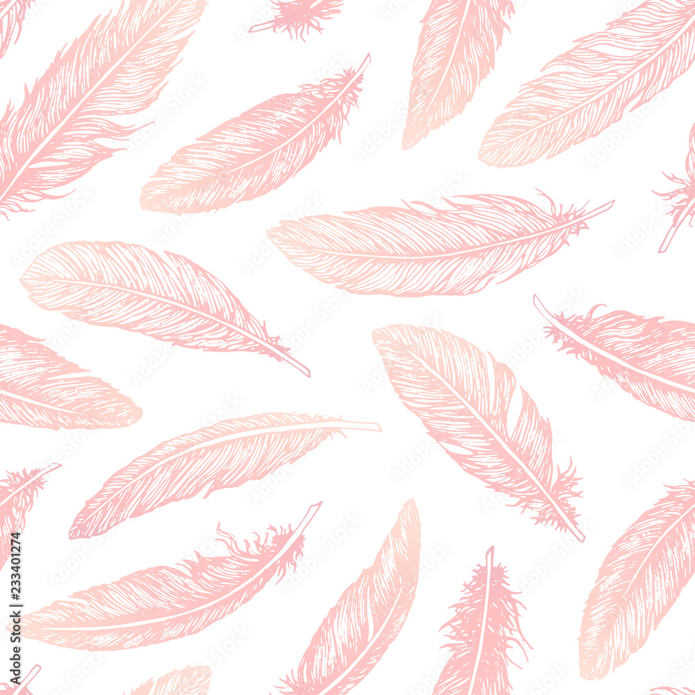 Hand drawn vector feathers line art seamless pattern on white background. Detailed pink boho decoration. Pastel ornament for wrapping paper, fabrics and textile.