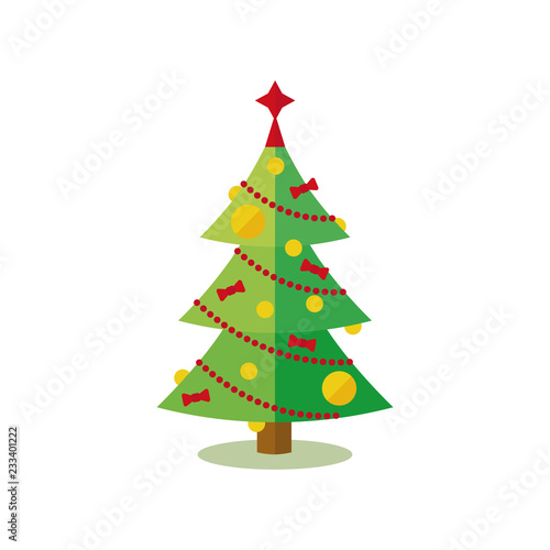Christmas Tree decorated with garland, bows and baubles Vector Icon