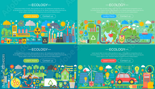 Ecology, green technology, recycle and save the planet horisontal flat concept design horizontal banners set.