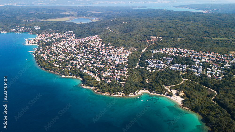 Aerial view of crystal clear water off the coastline inisland Krk, Croatia