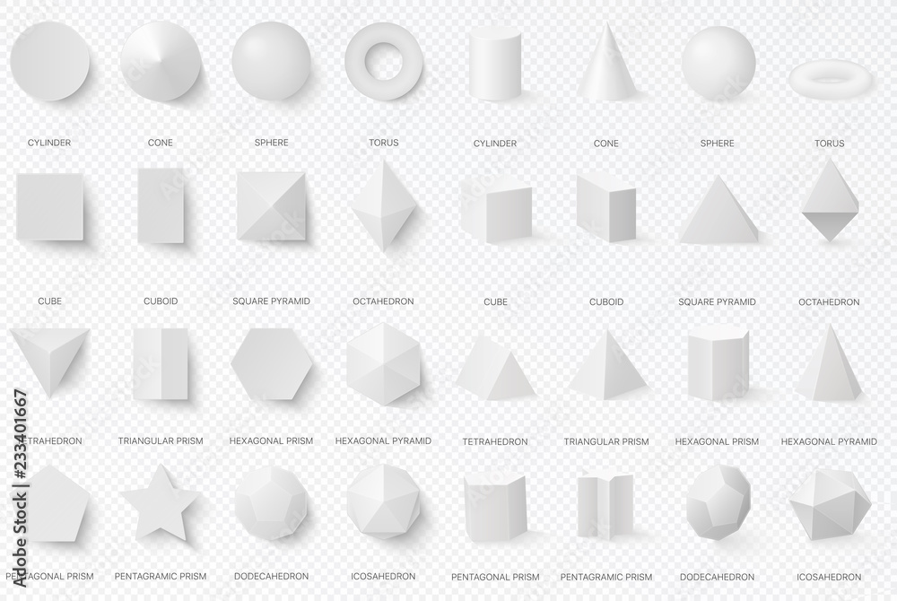 Realistic white basic 3d shapes in top and front view isolated on the alpha transperant background.