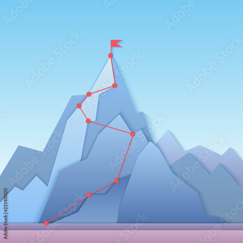 Mountain climbing route to peak. Business progress motivation, discipline and goal achieving concept vector illustration. Paper cuted mountain peak, climbing route to top of rock.