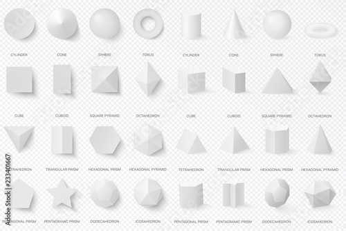Realistic white basic 3d shapes in top and front view isolated on the alpha transperant background.