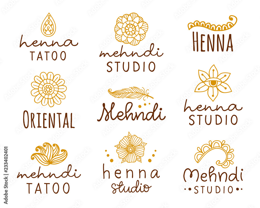 Mehndi, Indian Henna tattoo pattern with lettering. Studio logo design.  Stock Vector | Adobe Stock