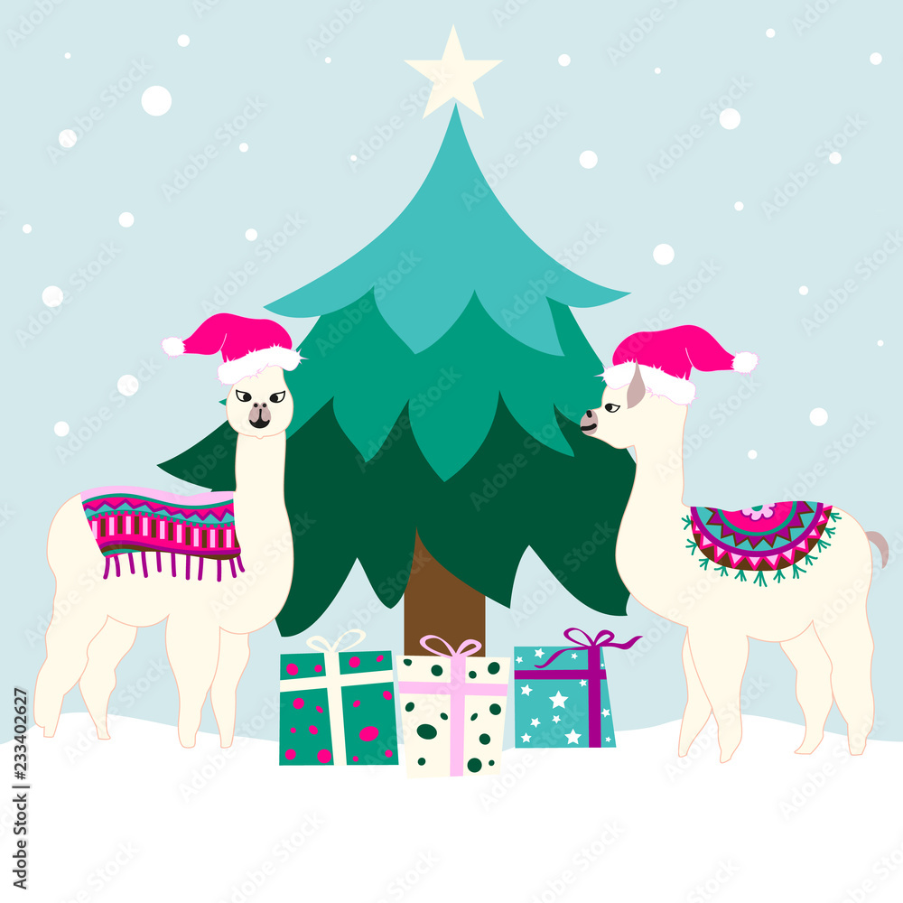 Obraz premium Christmas holiday card with cute llamas and tree vector