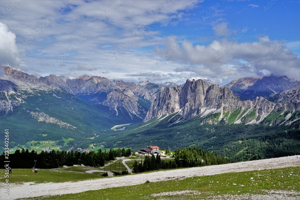 Look at the Hut “ Tondi di Faloria “ and the Ampezzo Valley, Dolomites, Italy.