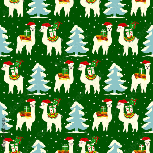 Christmas seamless pattern with cute llamas in hats.