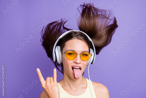 Heavy metal hard rock meloman lady in spectacles casual cool sty