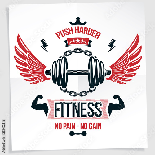 Heavy load power lifting championship advertising poster. Vector composition of muscular athlete arm with disc weight dumbbell and kettle bell sport equipment. No pain, no gain lettering.