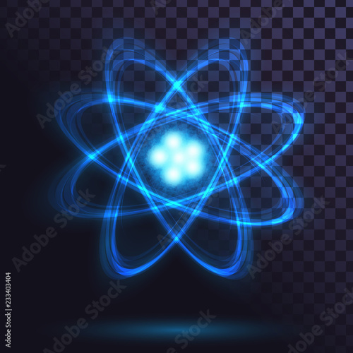 Blue glowing atom on transparent background. Science, physics. Nuclear power