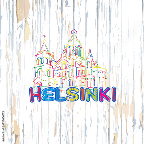 Colorful Helsinki drawing on wooden background
