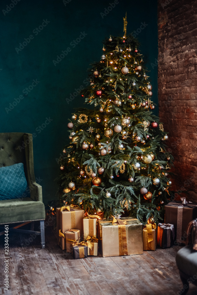 Luxurious christmas interior in the style of loft. Vertical photo
